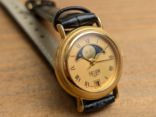 Heuer HL200G Fasi Lunari Quadrante Oro Quarzo Orologio Donna Vintage 26mm