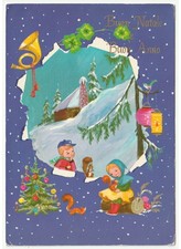 bambini scoiattoli funghi baita di montagna cartolina vintage Buon Natale