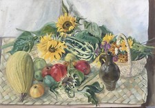 Delle Colture Natura Morta - Giardino - Frutta Verdure Zucca Girasole Mele Cesto