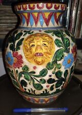 vaso ceramica TAORMINA teste leone rilievo + uccelli 23x26 cm porcellana vintage