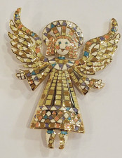 Firmato Bob Mackie Grande Angelo Mosaico Smalto Color Oro Vintage Spilla