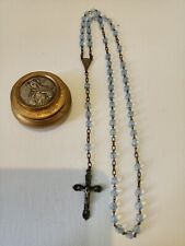 Bellissimo piccolo rosario vintage con grani in vetro azzurro e scatolina