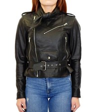 Giacca Donna Chiodo Vera Pelle Nero Giubbino Giubbotto Cinturone VIETRI LEATHER