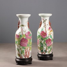 Vasi a Balaustro Antichi Dipinti Supporto in Legno Cina 1910 ca. Originali