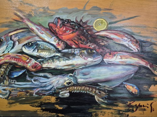Dipinto olio tavola pescato - dipinto, su