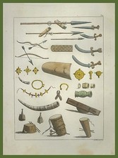 Africa armi e strumenti musicali Costa d'Oro Ghana Ferrario acquatinta 1829 