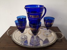 Servizio 4 Bicchieri Murano con Caraffa Blu Cobalto e Oro Zecchino metà 800