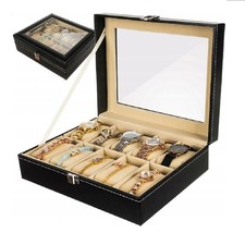 Scatola Porta Orologi  10 Posti Con Vetrina + Custodia Box Similpelle Nera