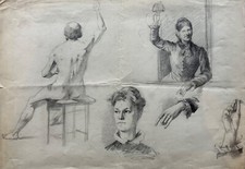 Disegno Maschile Nudo Donna Testa Ritratto Anonimo Studio Schizzo Circa 1900 #2