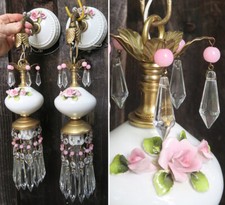 2 Applique Lampada Rosa Barbola Rosa Vintage Porcellana Perline Ottone Tole Light Shabby