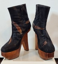 STIVALI DA CIELO - RARI! PIATTAFORMA ECCENTRICA VINTAGE IN MORBIDA PELLE PIUME NATURALI LEGNO 