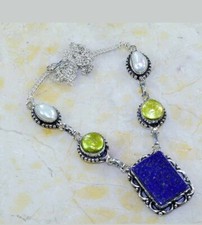 A argento 925 collana grande lapislazzuli e perle barocche gialle e bianche 