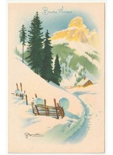 Non Viaggiata S.Bonelli cartolina Buon Anno paesaggio di montagna neve baita