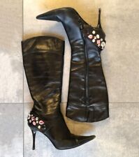 Stivali a punta vintage neri vera pelle al ginocchio tacco a spillo Y2K Boots 37