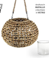 LANTERNA PORTACANDELA SOSPESA APPESA EVENTI GIARDINO VIMINI VETRO 32*21 cm