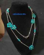 Meoni collana Lunga Con Calcedonio Blu Acciaio Artigianale Handmade 