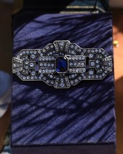 Spilla Argentato Arte Deco Rettangolo Strass Blu Vintage Stile QD11