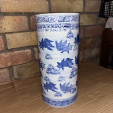 Vasi cilindrici vintage XX secolo cinesi blu e bianchi carpa/pesce rari