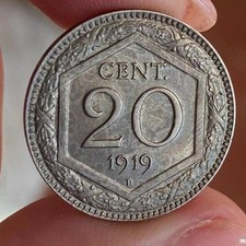 REGNO D'ITALIA 20 CENTESIMI 1919 ESAGONO RIGATO RIBATTUTO FIOR DI CONIO UNC