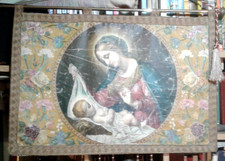 ARAZZO-QUADRO TELA RELIGIOSA OLIGRAFICA-ANTICA-INIZIO 900-MADONNA CON BAMBINO