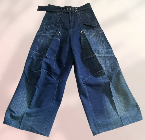Pantalon denim bleu motifs - pantalon,