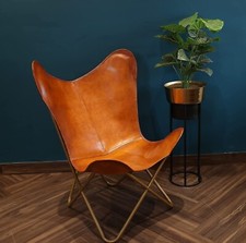 Sedia comoda pelle farfalla vintage marrone fatta a mano nuova con supporto