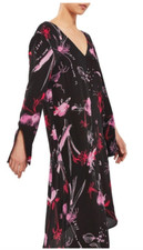 $160 TOPSHOP Size 6 Black Silk Floral Asymmetrical Hem Shift Dress Long Sleeves