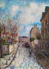 Carlo Corticelli Parigi Autunno Scena di Strada Montmartre Insegna Dipinto Olio Originale