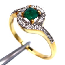 Unheated 4 x 4 MM. Green Emerald & White Zircon Ring 925 Sterling Silver Size 7