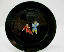 ? ANTICO PIATTO CINESE IN LACCA NERA DIPINTA  A MANO CON TIMBRO ROSSO -  M-432