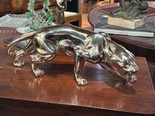 Statua vintage di pantera in metallo cromato