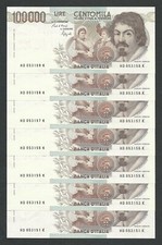 Italy Lire 100000 per 1 FDS / UNC CARAVAGGIO 1° T " D " Decr. 25-01-1990 Rara