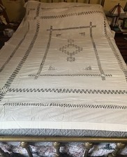 ANTICO BELLISSIMO LENZUOLO DI LINO BIANCO SPORCO RICAMATO A MANO PRIMI '900, 88 X 95