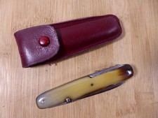 Ancien couteau pliant vintage NOGENTAIS 6 pièces corne et étui cuir FRANCE