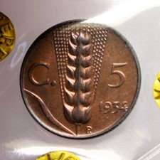 5 centesimi 1934 "Spiga"- FDC Ottimo Rame rosso-  Perizia F.Cavaliere