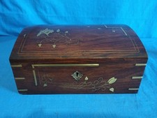 Scrigno Scatola Porta Gioie Scrittoio Legno Noce Massiccio Intarsi Metallo...