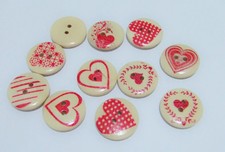 10pz bottoni tondo 2 fori con cuore  in legno naturale  20x4mm colore avorio 