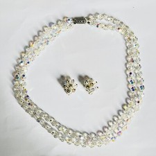 Collana vintage doppio filo vetro aurora boreale e argento 835 con orecchini