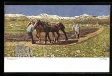 Cartolina artistica Giovanni Segantini: contadini con aratro a cavallo durante il lavoro nei campi 