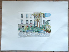 Incisione originale firmata Orfeo Tamburi colorata a mano panchine a Parigi