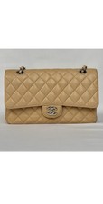 Borsa Chanel Beige Caviale Classica Doppia Patta Media Argento HW -Decolorazione