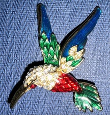 Bellissima spilla vintage colibrì smaltato strass multicolore tono oro