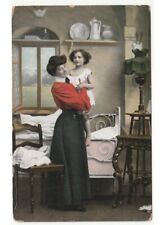 antica cartolina mamma balia figlio mobili camera da letto moda d'epoca