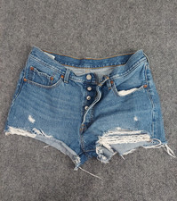 Levis 501 pantaloncino donna 31 blu tagli invecchiato bottoni mosca lavaggio medio