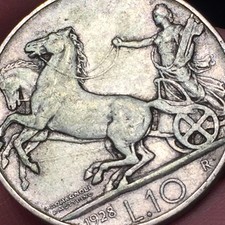 MONETA REGNO D' ITALIA BIGA 10 LIRE 1928 * 1 ROSETTA ARGENTO RARA