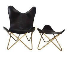 Sedia A Dondolo In Pelle Nera Fatta A Mano Indiana Con Pouf