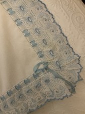 Lenzuolo Sopra Bianco In Cotone Con Bordo Sangallo Celeste + Federe