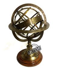 Antico Armillare Globe Sfera Ottone Desktop di Legno Basamento Vintage Regali