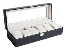SCATOLA COFANETTO CON VETRINA PORTA OROLOGI BRACCIALI IN ECOPELLE 6 POSTI NERO