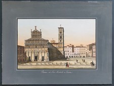 Stampa antica Zuccagni Orlandini 1835 piazza san michele lucca veduta acquaforte